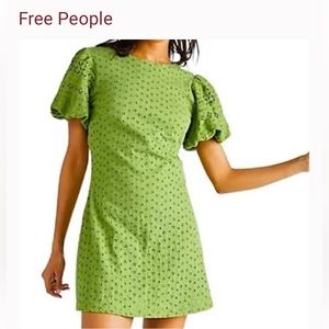 NWT Free People Apricot Rose Eyelet puff sleeve open back GREEN mini Sz …